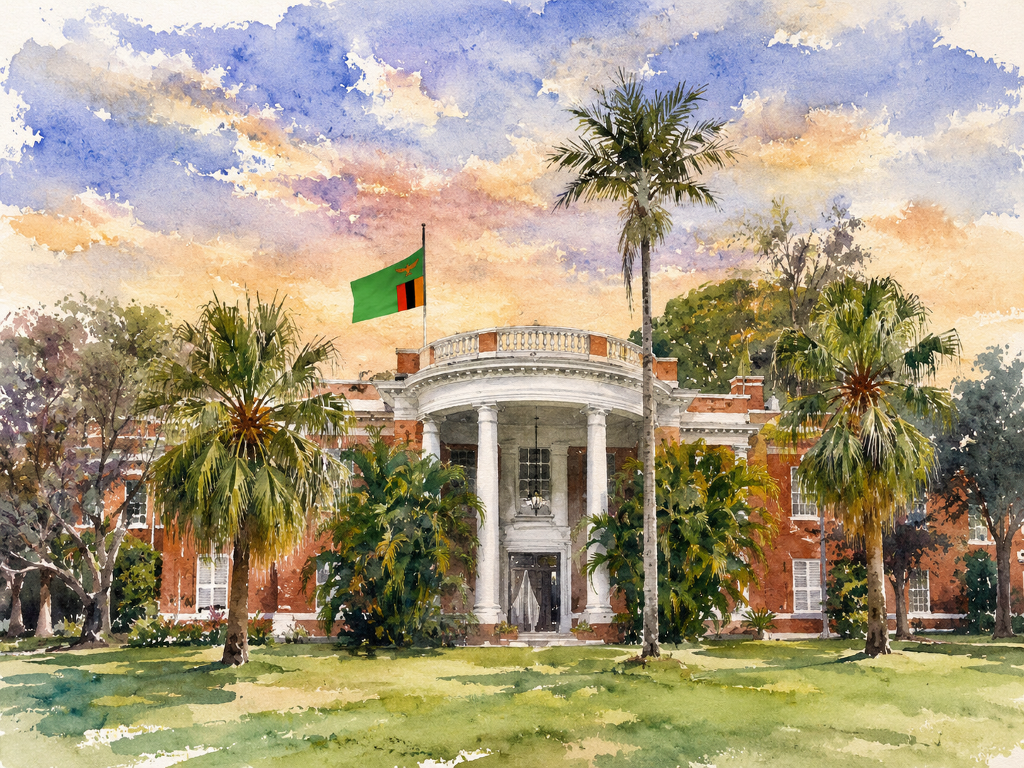 Watercolour illustration of a Zambian civic building surrounded by palms and gardens.