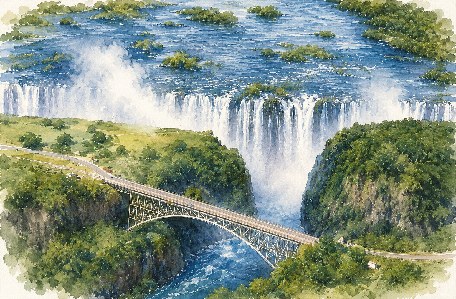 Watercolour view of Victoria Falls and the Victoria Falls Bridge across the gorge.